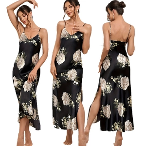 Black floral satin sleepwear dress with spaghetti straps and high side slit