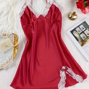 Women Sexy Satin Slip Nightdress With White Lace Trim V-Neck Sleeveless Red Nightgown Home Wear Sleepwear Elegant Babydoll