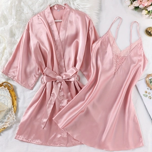 Pyjamas en Satin Élégants pour Femmes Chemise de Nuit Imitation Soie Robe Col en V Bordure en Dentelle Vêtements de Nuit Couleur Unie Homewear Top And Bottom