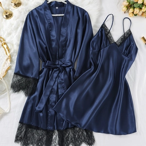Elegant Navy Blue Satin Nightgown And Robe For Women V-Neck Cami Dress With Black Eyelash Lace Trim Loungewear Nightwear