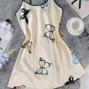 Women's Butterfly Print Satin Nightdress Contrast Binding V-Neck Spaghetti Strap Sleepwear Midi Slip Dress For Home