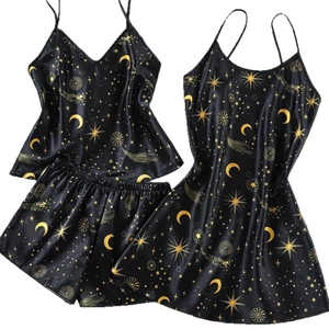 3-teiliges Damen-Pyjama-Set aus Satin mit Himmelsmotiven aus Mond und Sternen in Schwarz