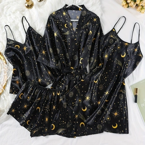 Pyjama En Satin Pour Femmes Imprimé Lune Et Étoiles Peignoir Fond De Robe Cami Et Shorts Vêtements De Nuit Noir Or