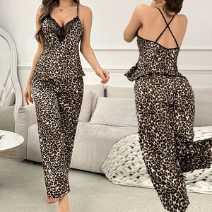 Women Sexy Leopard Print Polyester Pajama Set Lace Trim V-Neck Spaghetti Strap Crisscross Back Top And Bottom Sleepwear