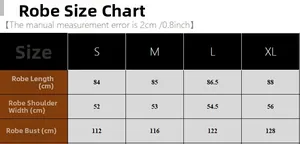 Size chart for women's satin robe showing measurements in cm and inches for sizes S to XL