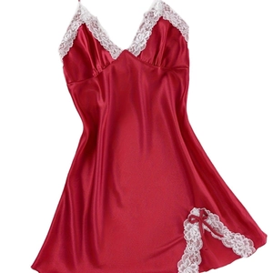 Red satin slip nightdress with delicate white lace trim and side slit bow detail