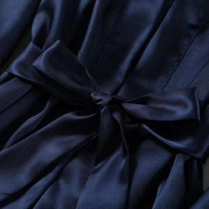 Luxurious dark blue satin robe set with a smooth silk finish and elegant waist tie bow