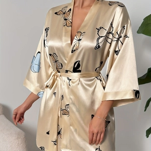 Women's Elegant Champagne Satin Robe Butterfly Print Kimono Style Satin Like Sleepwear With Tie Waist Loungewear For Home