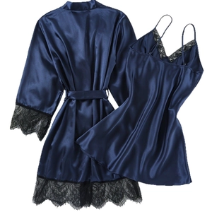 Women's navy blue satin lace robe and chemise two-piece sleepwear set with silky finish