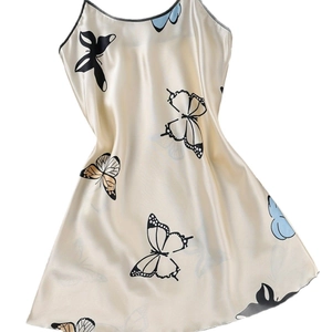 Champagne satin slip nightgown with butterfly prints and delicate lace stitching