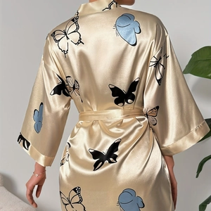 Elegant champagne satin kimono robe with artistic butterfly print and sleek silk finish