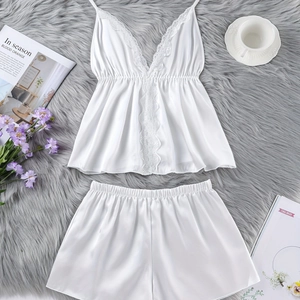 Damen Weißer Satin Pyjama Mit Spitze V-Ausschnitt Cami Top Und Shorts Nachtwäsche Bequeme Homewear Lässige Nachtwäsche Sommer