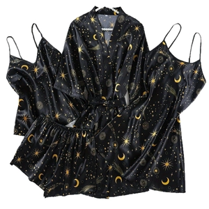 Parure de pyjama 4 pièces en soie artificielle noire avec motifs de lunes et d'étoiles