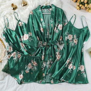 Pigiama in Raso con Stampa Floreale Robe Verde Smeraldo Canotta Pantaloncini E Camicia da Notte Intimo Pizzo Elegante Loungewear Donna