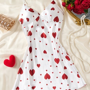 Camicia da Notte in Raso con Scollo a V Sexy da Donna Stampa a Cuore Canotta Pigiameria Senza Maniche in Poliestere per San Valentino