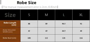 Size chart showing length and bust measurements for women's silk satin robe set