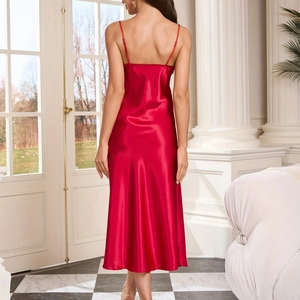 Elegant red satin slip dress sleepwear with adjustable straps for women home wear
