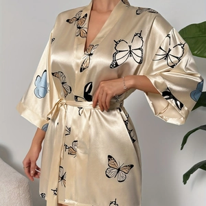 Elegant champagne gold satin butterfly print bathrobe with kimono collar and waist tie for women