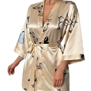 Elegant champagne satin silk bathrobe with butterfly print and V-neck wrap design