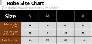 Detailed size chart for women's sleepwear robe showing S, M, L, XL measurements in centimeters