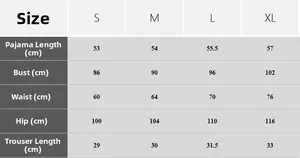 Tableau des tailles pour pyjama en soie femme avec mesures de S à XL en centimètres
