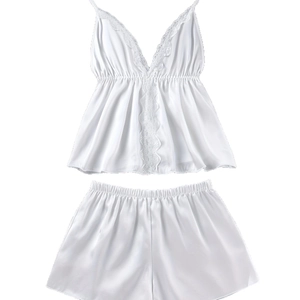 Weißes Satin-Schlafanzug-Set für Damen mit Spitzenbesatz-Top und passenden Shorts