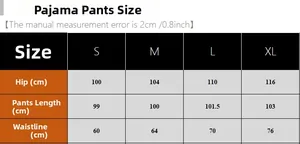 Detailed size chart for silk satin pajama pants showing hip, length and waist measurements