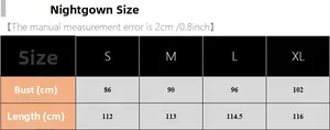 Tableau des tailles pour chemise de nuit sexy en soie glacée avec mesures du buste