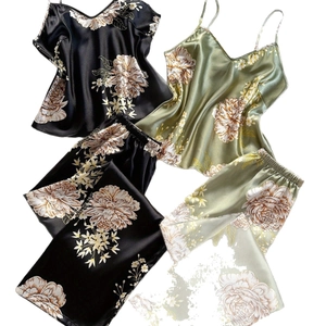 Ensemble pyjama satiné pour femmes avec col en V et imprimé floral en noir et vert