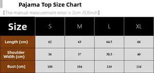 Detailed size chart for women's short sleeve silk-like pajamas top from S to XL sizes