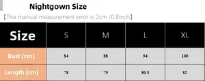 Detailed size chart for women's silk satin nightgown with bust and length measurements