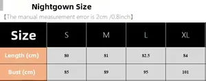 Detailed size chart for women's satin nightdress showing S to XL measurements and lengths