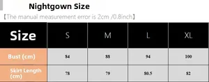 Size chart for women's ice silk nightgown with measurements for bust and skirt length