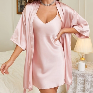 Elegant Women Solid Color Satin Robe And Sleep Dress Two Piece Sleepwear Set V Neck Spaghetti Strap Home Wear Nightgown Top And Bottom