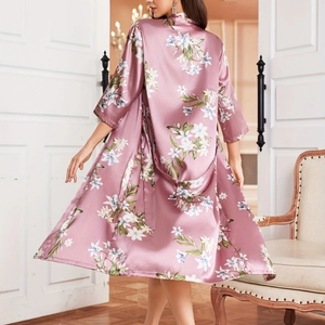 Pink floral satin bathrobe for women featuring elegant flower prints and silky finish