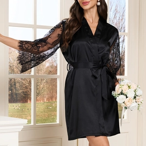 Elegant black satin robe for women with delicate lace sleeves and a matching tie belt