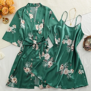 Women's Emerald Green Satin Floral Print Pajama Top And Bottom Loungewear Robe And Nightgown With Belt Relaxed Sleepwear