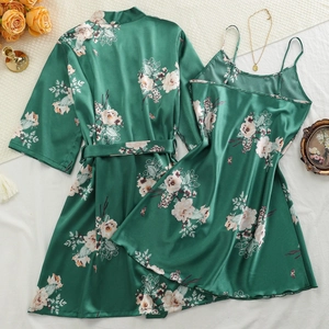 Dark green silk satin floral robe and nightgown two-piece set with a matching belt