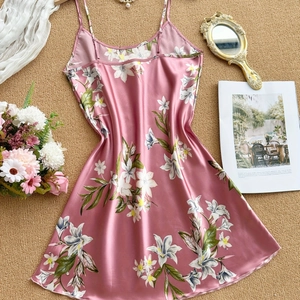 Women Sexy Lily Floral Print Satin Nightgown Spaghetti Strap Sleepwear Slip Dress Thin Polyester Home Leisure Chemise