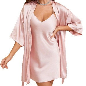 Pale pink two-piece women's satin sleepwear set with V-neck nightgown and matching robe