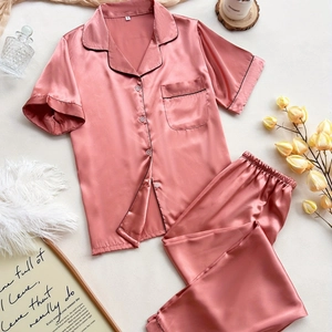 Women Satin Pajamas Short Sleeve Top And Bottom Sleepwear Contrast Piping Lapel Button Down Nightwear Loungewear