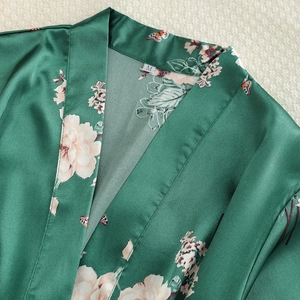 Satin floral print robe set in dark green silk-like fabric with elegant peony patterns