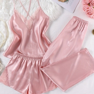Women Pink Satin Pajama Camisole Shorts And Long Pants Lace V-Neck Comfortable Loungewear Sleepwear Casual Clothes For Women