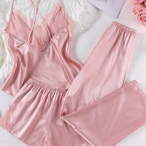 Pink 3-piece satin pajama set with lace camisole, shorts and pants for women home wear