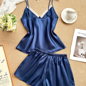 Navy blue silk pajamas set with V-neck lace trim camisole and shorts for summer sleepwear