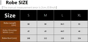 Tabella taglie dettagliata per vestaglia in raso con misure di lunghezza busto e spalle