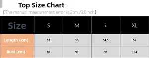 Tabella delle taglie dettagliata per top in raso con misure da S a XL indicate in centimetri