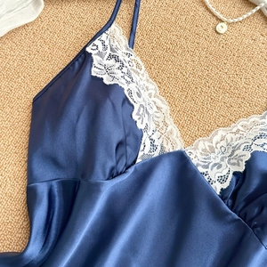 Navy blue satin silk pajama set for women featuring white floral lace V-neck trim and straps