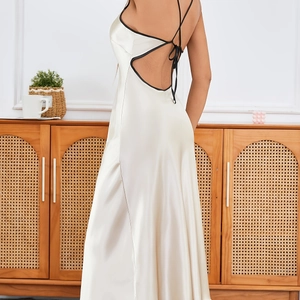 Elegant cream satin slip nightdress for women with open back and crisscross tie detail