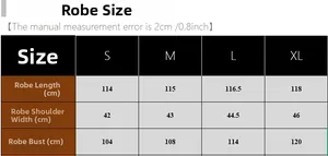 Size chart for thin ice silk robe showing measurements for S to XL in cm and inches